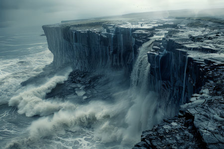 Dramatic Seascape with Crashing Waves on Rugged Cliffs Under Overcast Sky AI Generativeの素材