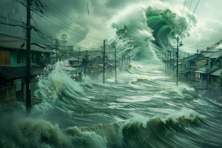 Catastrophic Tsunami Waves Engulfing Coastal Town with Menacing Storm Clouds AI Generativeの素材