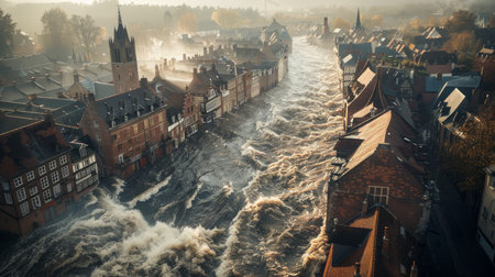 Majestic Sunrise Over Historical European Town with River and Fog AI Generativeの素材