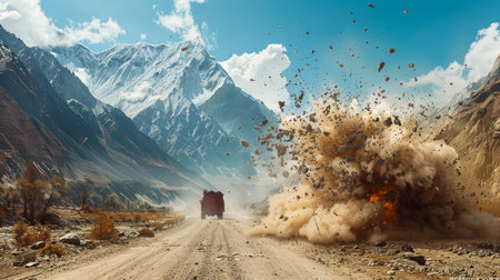 Explosive Action Scene with Truck on Dusty Mountain Road Under Majestic Snow Capped Peaks AI Generativeの素材