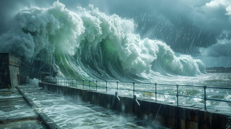 Gigantic Tsunami Wave Approaching Coastal Structures Under Stormy Skies, Climate Catastrophe Concept AI Generativeの素材
