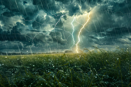 Dramatic Thunderstorm Over Lush Green Field with Striking Lightning Bolt and Rain Showers AI Generativeの素材