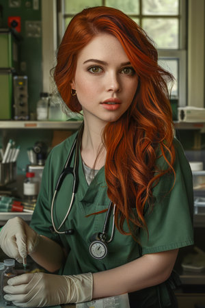Confident Red Haired Female Medical Professional in a Lab Setting with Stethoscope and Gloves AI Generativeの素材