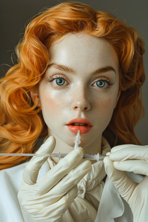 Elegant Redhead Woman Applying Lipstick with Precision, Beauty and Cosmetics Concept, Portrait with Neutral Background AI Generativeの素材