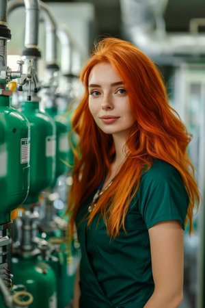 Portrait of a Confident Young Woman with Vibrant Red Hair in an Industrial Setting AI Generativeの素材