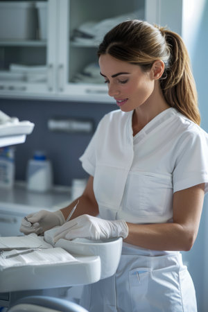 Professional Female Healthcare Worker Preparing Medical Equipment in Clinic Environment AI Generativeの素材