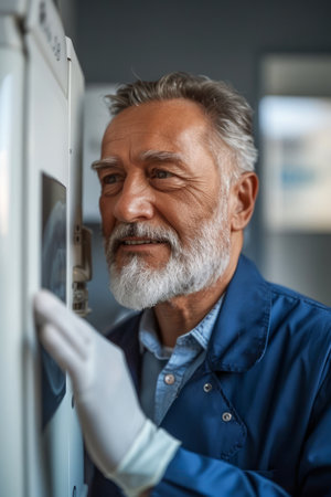 Senior Male Technician Focused on Machinery Maintenance in Industrial Environment AI Generativeの素材