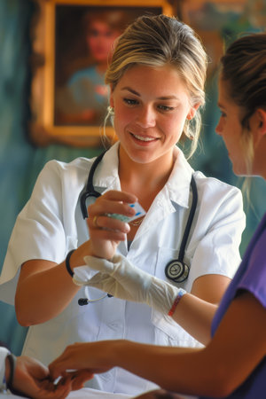 Smiling Female Doctor Administering Vaccine to Patient in Medical Office AI Generativeの素材
