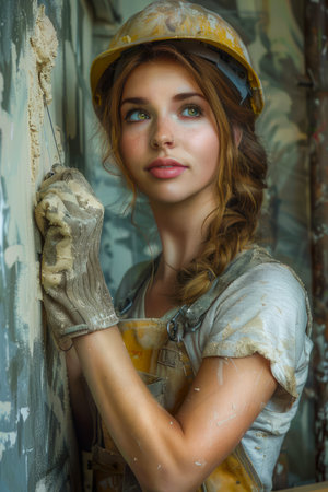 Young Female Constructor in Hard Hat Smiling While Plastering Wall, Professional Worker in Safety Gear on Site AI Generativeの素材