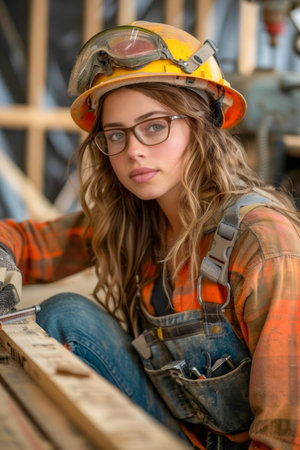 Young Female Construction Worker in Safety Gear Inspecting Wood at a Job Site AI Generativeの素材