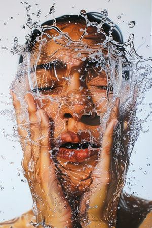 Dynamic Close Up Portrait of a Young Woman Splashed with Water Drops Freezing Motion against a White Background AI Generativeの素材