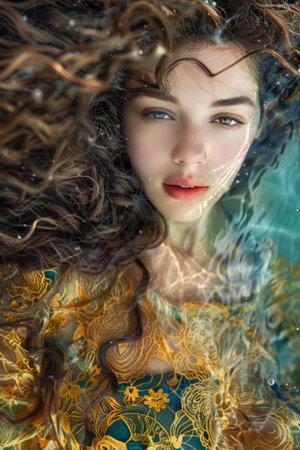 Ethereal Woman with Flowing Hair and Golden Dress Submerged in Water, Artistic Underwater Portrait AI Generativeの素材