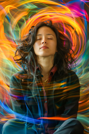 Serene Young Woman Meditating with Vibrant Light Trails Background Peaceful Mindfulness and Spirituality Concept AI Generativeの素材