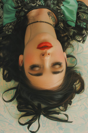 Artistic Upside Down Portrait of a Tattooed Woman with Red Lips and Dark Hair AI Generativeの素材