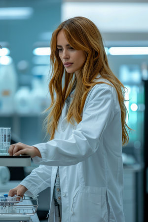 Confident Female Scientist Analyzing Samples in Modern Laboratory Setting with Professional Equipment AI Generativeの素材