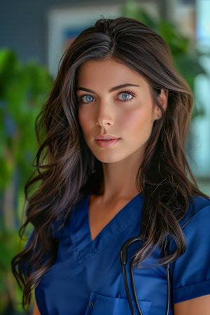 Portrait of a Confident Young Female Nurse with Stethoscope in Medical Scrubs Standing in Healthcare Setting AI Generativeの素材