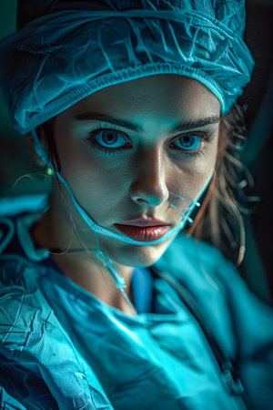 Determined Young Female Surgeon in Scrubs and Head Cap with a Focused Gaze in Operating Room Light AI Generativeの素材