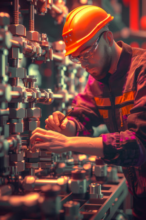 Industrial Worker in Safety Gear Focused on Machinery Maintenance in Manufacturing Plant AI Generativeの素材