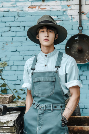 Stylish Young Man with Hat Posing in Front of Rustic Blue Brick Wall Wearing Overalls AI Generativeの素材