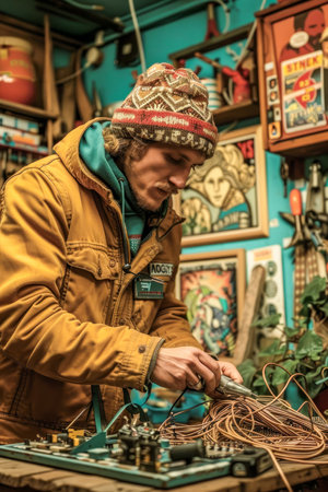 Artisan Electrician Repairing Electrical Components in Vintage Workshop Environment AI Generativeの素材