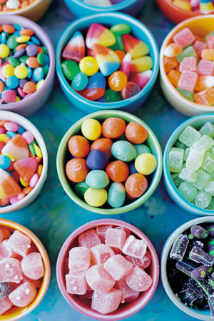 Assorted Colorful Candies in Bowls on Vibrant Blue Background Sweet Treats Assortment for Parties and Celebrations AI Generativeの素材