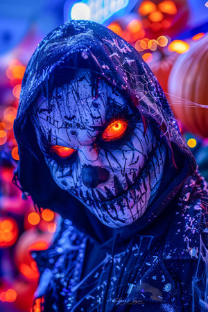 Eerie Hooded Figure with Glowing Red Eyes in a Halloween Themed Environment with Vivid Colors AI Generativeの素材