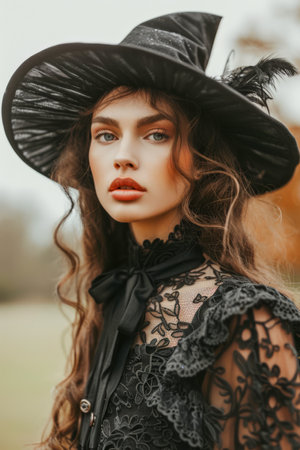 Mystical Young Woman in Elegant Black Witch Costume with Wide Hat Outdoors, Halloween Fantasy Concept AI Generativeの素材