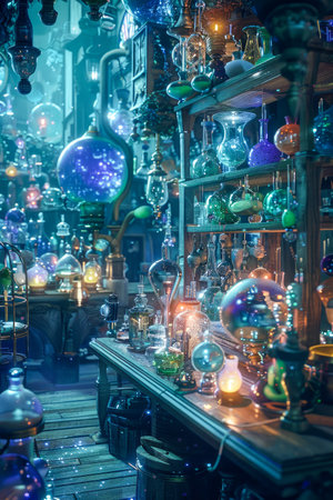 Enchanted Fantasy Potion Shop Interior with Magical Glowing Bottles and Mystical Artifacts AI Generativeの素材