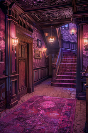 Luxurious Vintage Victorian Interior with Ornate Staircase and Purple Ambient Lighting AI Generativeの素材