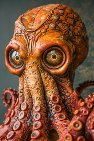 Intricate Handmade Octopus Sculpture with Detailed Textures and Vivid Eyes, Artistic Statue on Moody Background AI Generativeの素材