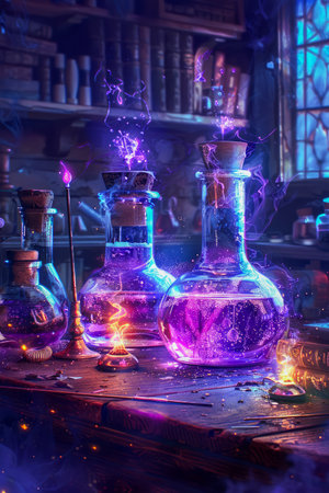 Enchanting Alchemy Laboratory with Magical Potions and Elixirs Illuminated by Mysterious Light, Fantasy Potion Making Concept AI Generativeの素材