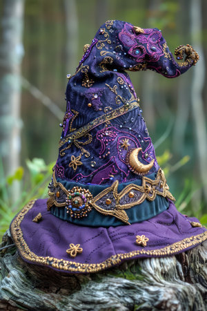 Enchanted Purple Wizard Hat with Celestial Motifs in a Mystical Forest Setting AI Generativeの素材