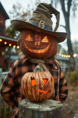 Enigmatic Pumpkin Head Scarecrow with Glowing Eyes in Rustic Autumn Setting at Dusk AI Generativeの素材