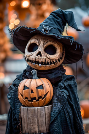 Spooky Halloween Pumpkin Head Figurine Wearing Witch Hat Decor During Haunting Festival Season AI Generativeの素材