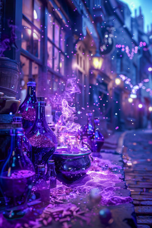 Enchanted Purple Potion Brewing in Mystical Cauldron on Cobbled Street with Magical Bottles at Twilight AI Generativeの素材