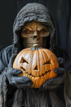 Spooky Grim Reaper Holding Carved Halloween Pumpkin in Dark Setting with Eerie Atmosphere AI Generativeの素材