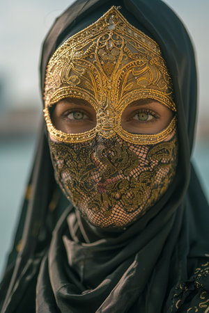 Mysterious Woman Wearing Golden Masquerade Mask and Black Hijab with Intricate Design and Soft Focus Background AI Generativeの素材