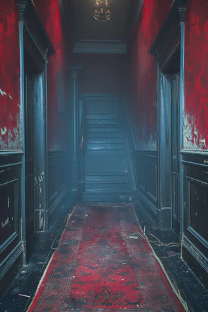 Mysterious and Moody Dark Corridor with Red Carpet in an Old Vintage Building Interior AI Generativeの素材