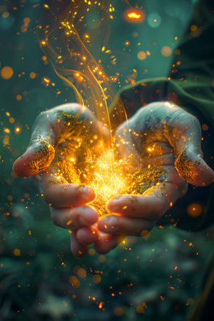 Magical Glowing Sparks Flowing from Open Palms in Enchanted Forest Setting with Misty Atmosphere AI Generativeの素材