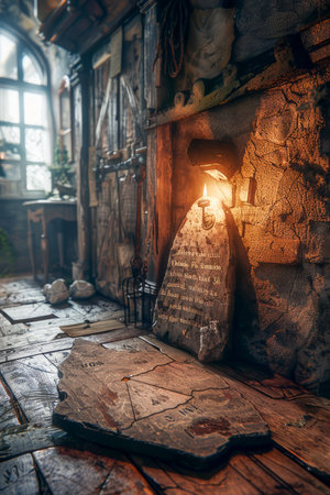Vintage Attic Room with Antique Writing Desk, Illuminated Lamp, and Opened Book in Rustic House AI Generativeの素材