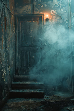 Mysterious Silhouette in Foggy Abandoned Building Corridor with Eerie Light at Night AI Generativeの素材
