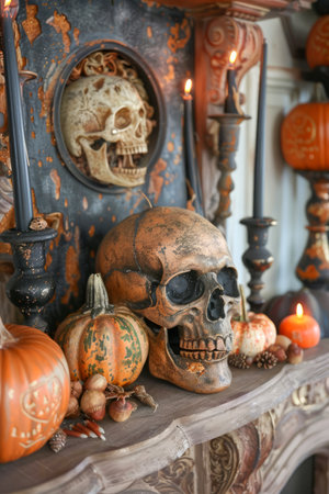 Spooky Halloween Decor with Skull, Pumpkins, and Candles on Vintage Fireplace Mantle AI Generativeの素材