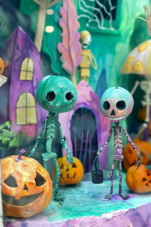 Whimsical Handcrafted Halloween Characters Display with Pumpkin and Autumn Decorations AI Generativeの素材