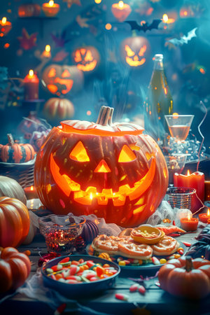 Spooky Halloween Night with Carved Pumpkin, Candles, and Festive Treats on a Decorated Table AI Generativeの素材