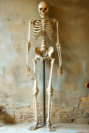 Human Skeleton Standing Erect Display for Educational Anatomy Study in a Vintage Classroom Setting AI Generativeの素材