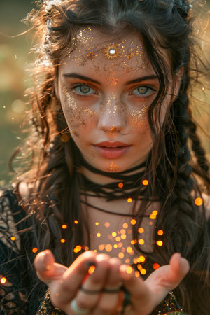 Mystical Young Woman with Sparkling Glitter Makeup and Fairy Lights Outdoors at Dusk AI Generativeの素材