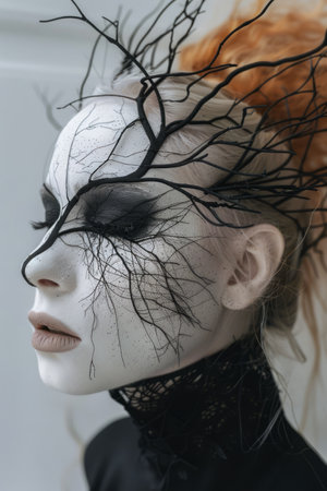 Artistic Portrait of Woman with Monochrome Body Paint and Branch Headdress against a Neutral Background AI Generativeの素材