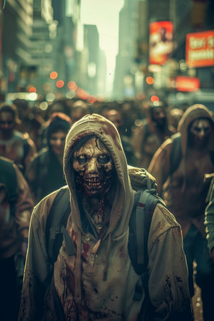 Terrifying Zombie Walking in Urban Chaos, Horror Themed Cosplay in City Street Crowded with Fearful Undead Creatures AI Generativeの素材