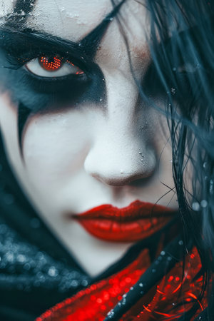 Dramatic Portrait of a Woman with Dark Gothic Makeup and Intense Red Eyes Artistic Halloween Concept AI Generativeの素材