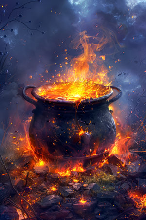 Enchanted Cauldron with Magical Flames and Sparks in Mystical Forest Fantasy Concept Art AI Generativeの素材